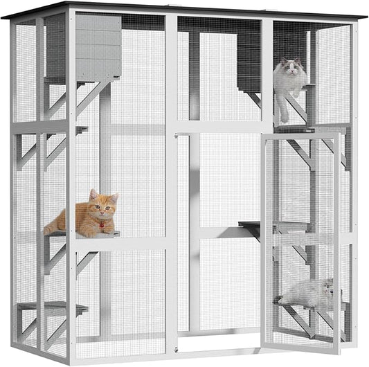 Catio Outdoor Cat Enclosure, Large Kitty House Cat Condo Playpen with Platforms & Living House for Mulitiple Cats with Waterproof Roof 71", White