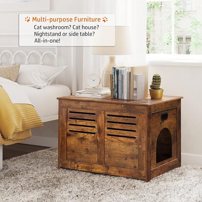 DINZI LVJ Litter Box Enclosure, Flip Top Litter Box Furniture, Hidden Cat Washroom, Wooden Cat House, End Table, 31.5" L x 19.7" W x 19.7" H, Good Ventilation, Easy to Assemble, Rustic Brown