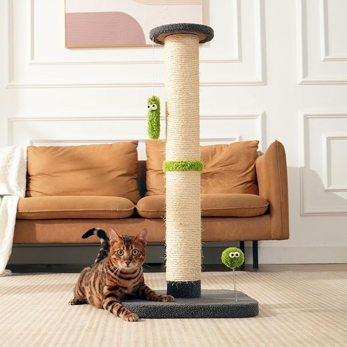 TINYBEAST 34.7" Tall Cat Scratching Post, 3 in 1 Heavy Duty 4.3" Diameter Natural Sisal Post with Hanging Bell Ball, Reinforced Stable Base for Indoor Adult Cats and Kittens(Grey)