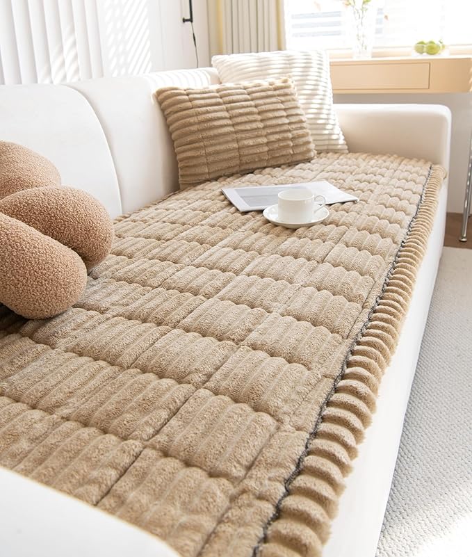 Faux Fur Plush Dog Couch Cover 3D Stripe Fuzzy Sofa Cover Non-Slip Fluffy Dog Bed Cover Pet Blanket Sofa Couch Furniture Protector for Puppy Large Dog Cat (Coffee,28"x82")