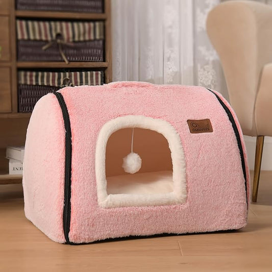 Cave Cat Bed by Brand - Soft, Comfortable Cat Bed, House, with Removable Washable Cushioned Pillow, Enclosed, Small Large Dog Tent (Pink)