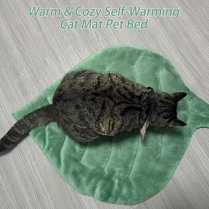 Leaf Shaped Self-Warming Cat Bed Mat – 26"x20" Flannel & Cotton Pet Pad, Warm Pet Cat Mat for Indoor, Soft Kitten Cushion & Puppy Mattress (Green)
