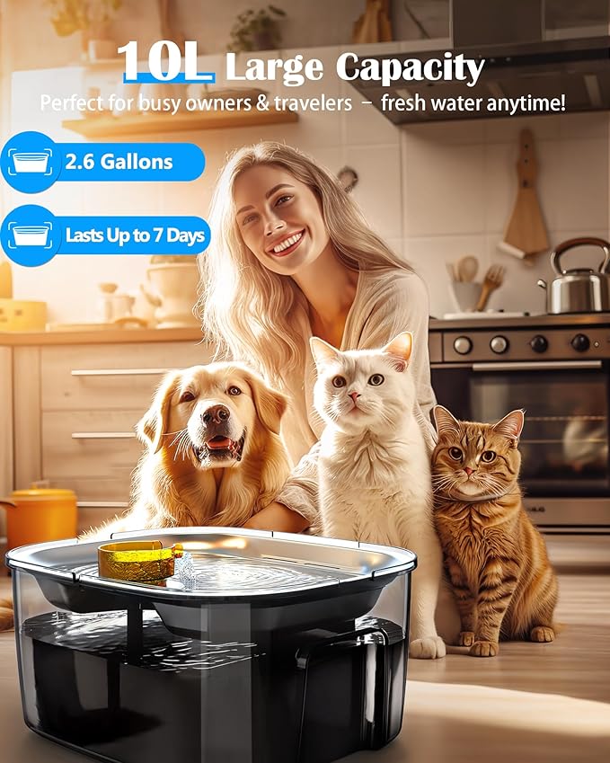 lesotc Dog Water Fountain Stainless Steel, 2.6 Gallon/10L Pet Water Fountain Cat Water Fountain Dog Water Bowl Dispenser for Large Dogs & Multi Pets, Ultra-Quiet, Smart Pump, Easy to Clean