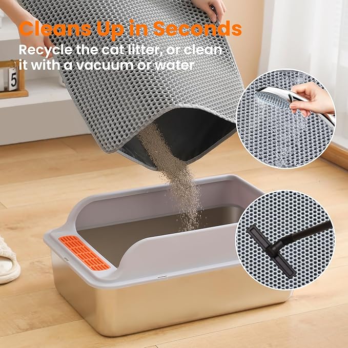 Jumbo Cat Litter Mat, 46x26 Inches Double Layer Honeycomb Litter Trapping Mat, Non Slip Waterproof Urine Proof Extra Large Cat Litter Box Mat, Kitten Supplies and Essentials, XXL, Gray