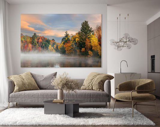 Nature Wall Art Prints - Ocean Forest Mountain Lake Canvas Landscapes - Small to Extra Large Living Room Bedroom Kitchen Bathroom Décor (Misty Fall Reflection, 24L" x 36W")