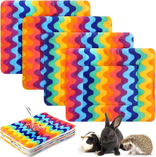 Haull 4 Pcs Waterproof Guinea Pig Bedding Winter Guinea Pig Bed Plush Cage Liners Soft Dog Cat Mat Reversible Winter Cozy Animal Pee Pad Hamster Bed Mat for Bunny (Rainbow,13 x 10 Inch)