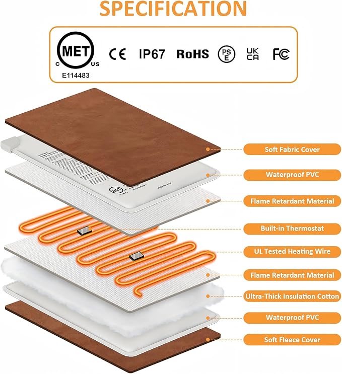 Pet Heating Pad for Cats and Dogs, Comfortable Heated Pet Bed, Waterproof Heated Pet Mat with 5 Adjustable Heat Levels, Timer & Auto Power-Off, Chew Resistant Cord, 16'' x 13''