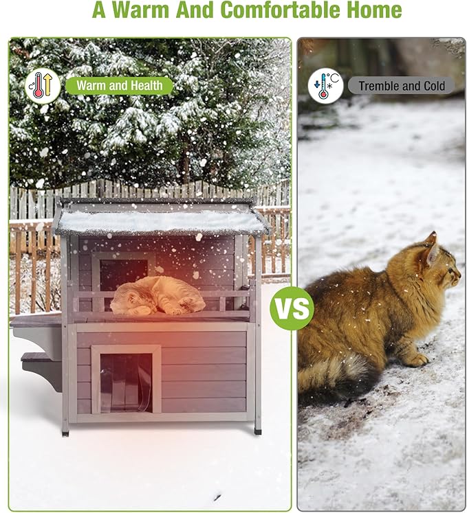 GUTINNEEN Insulated Cat House Outdoor for Winter, Wooden Weatherproof Outside Feral Cat Shelter with Liner, Large Balcony, Escape Door, PVC Door Strip, for Outdoor & Indoor