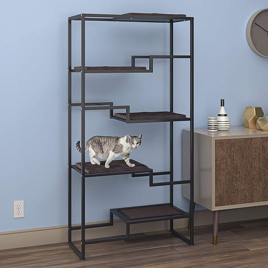 THE REFINED FELINE 62 Inch Tall Metropolitan Cat Condo, Black Metal Frame Cat Tower, Multi-Level Modern Cat Tree for Indoor Cats, Black Platforms with Brown Replaceable Cushions & Scratching Post