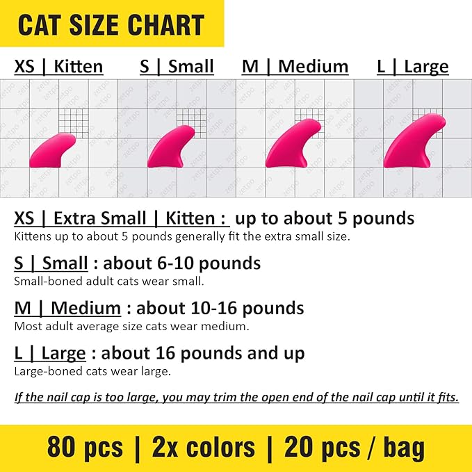 zetpo 80 pcs Cat Claw Covers | Cat Nail Caps | with Adhesives and Applicators (L, Black, White)