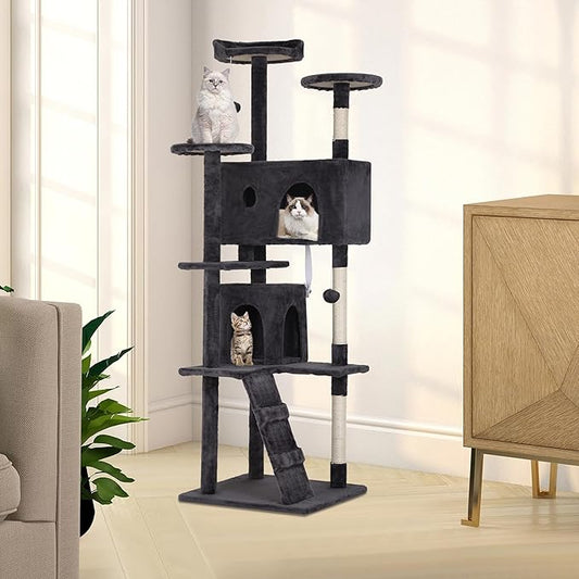 BestPet | 70" Cat Tree Tower | Dark Gray | Sturdy, Easy to Assemble, Multi-Level Activity Center with Sisal Scratching Posts, Condos, Perches, Hanging Cat Toys, Observation Decks & Ladder