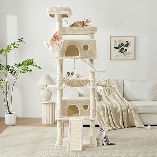 Cat Tree, 80-Inch Large Cat Tower with 9 Scratching Posts, 2 Perches, 2 Caves, 2 Basket, 2 Stairs, Extra Large Hammock, Pompoms, Multi-Level Plush Cat Condo for Indoor Cats/Beige