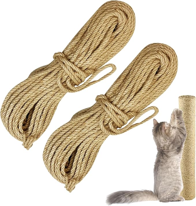 2 Pack Cat Natural Sisal Rope for Scratching Post Tree Replacement, Hemp Rope for Repairing, Replacement Cat Tree and Tower DIY Scratcher (6 mm 66 Ft)