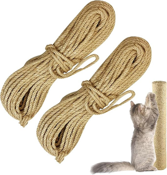 2 Pack Cat Natural Sisal Rope for Scratching Post Tree Replacement, Hemp Rope for Repairing, Replacement Cat Tree and Tower DIY Scratcher (6 mm 66 Ft)