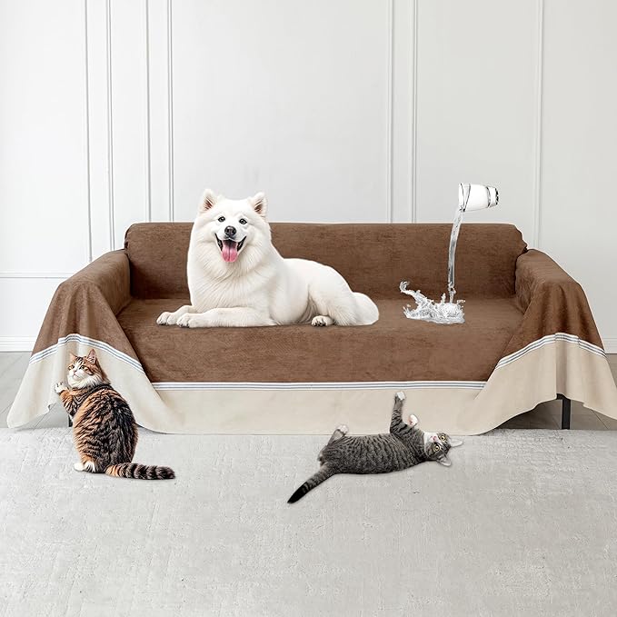 Loiion Cat Scratch Furniture Protector - Anti-Slip, Waterproof Sofa Cover to Keep Cats Off, Pet-Friendly Couch Protectors for 3 Cushion Couch, Anti-Scratch Couch Cover for Pets and Kids 134"X91"Brown