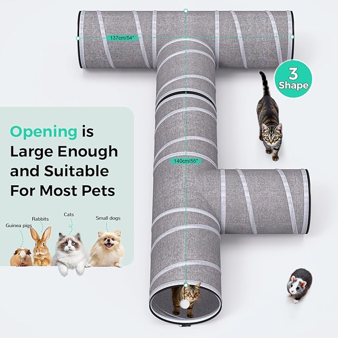 Cat Tunnel 4 Way with Teaser Wand & 2 Plush Ball, 5 Shapes Available, 54/80.7" L, H-Shaped Collapsible Pet Play Tube Maze for Kitten Puppy Bunny Ferret Rabbit, Indoor/Outdoor Peekaboo Cave