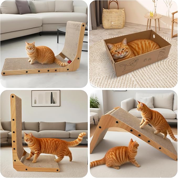 L-Shaped Cat Scratcher 2-in1 Scratching Board for Indoor Cats Protecting Furniture Cardboard Box Scratch Pad with Ball Toy