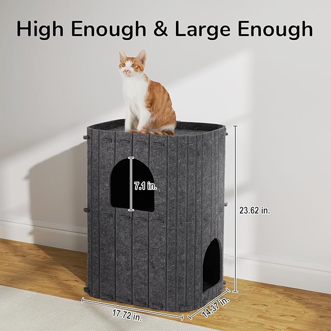 FUKUMARU Cat House for Indoor Cats, 2-Storey Large Cat Bed Cave, Cozy Felt Covered Cats Tunnel Condo Hideaway for Multicats, 17.72x14.37x23.62 inches, Dark Grey