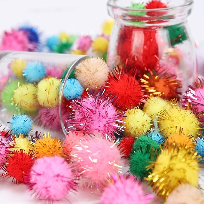 80 Pieces Cat Sparkle Balls Assorted Color 1 Inch Pom Poms Tinsel Cat Ball Toy Puff Balls Glitter Ball for Cats Kitten Toys for Indoor Cats and Crafts