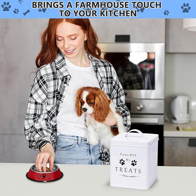 Meraki Home Small Dog Food Container and Dog Treats Container - Tight Lids - Feed Scoop and Pet Food Bowl - Farmhouse Metal Storage Bin - Glossy White