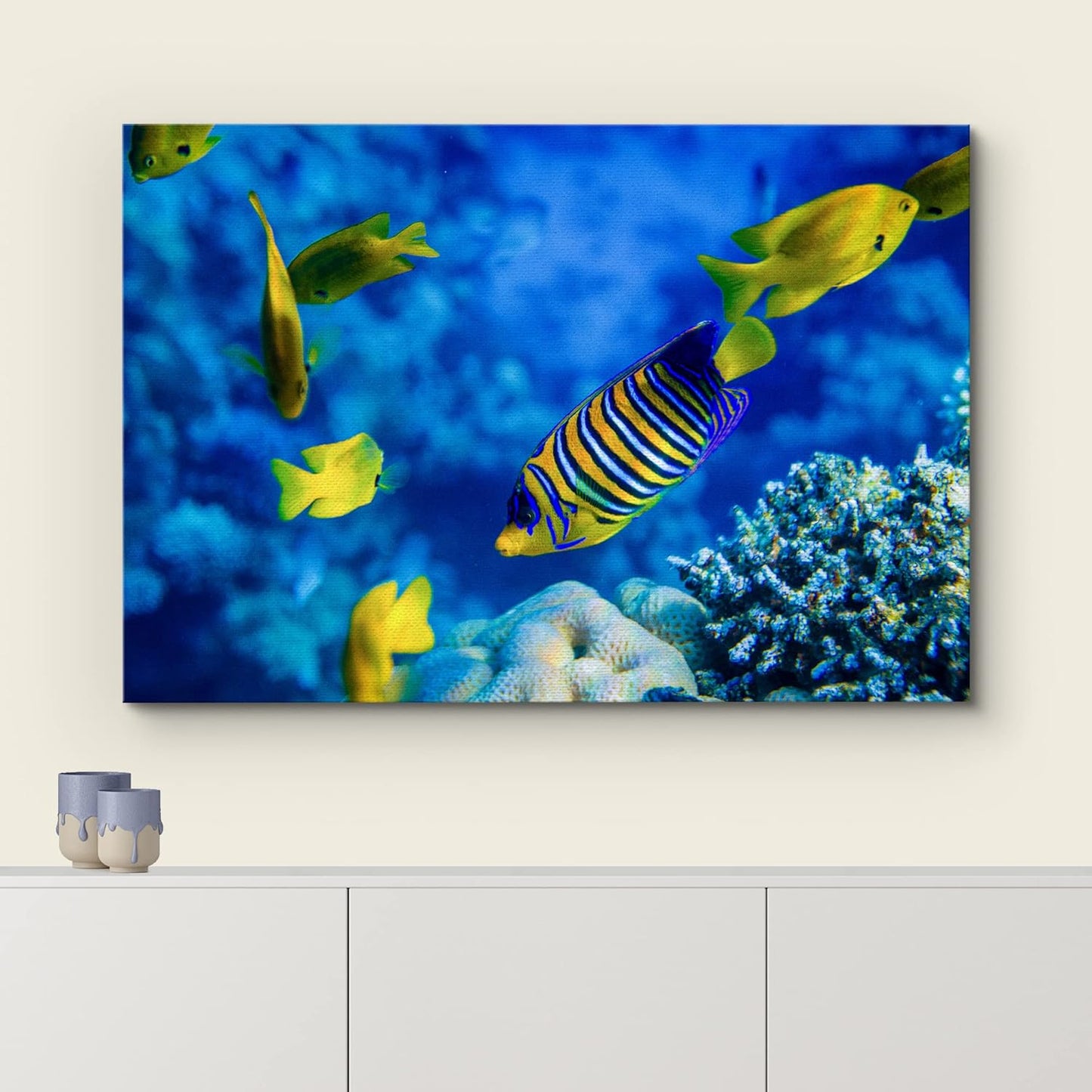 wall26 Canvas Print Wall Art Striped Yellow Tropical Fish Coral Reef Sea Nature Animals Photography Realism Rustic Scenic Landscape Wilderness Colorful for Living Room, Bedroom, Office - 32"x48"