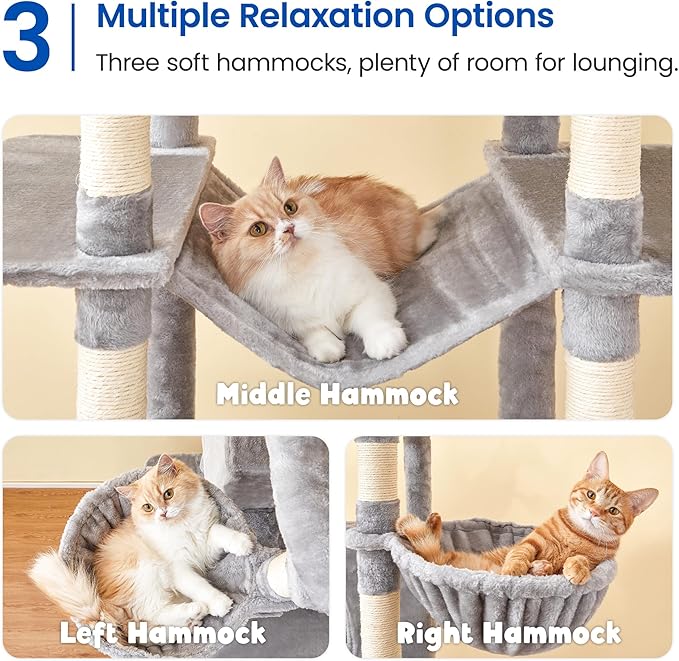 MWPO Extra Large Cat Tree, 77.6-Inch Tall Cat Tower for Indoor Cats with 2 Condos, Multi-Level Cat Stand for Large Cats, 3 Hammocks, Wide Perch, Scratching Posts, Dangling Toys, Light Grey