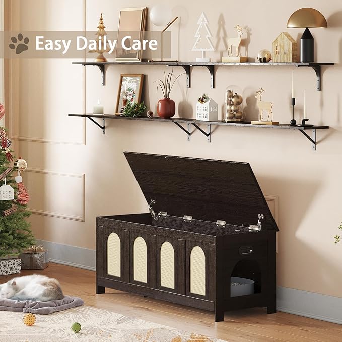 DINZI LVJ Cat Litter Box Enclosure, Flip Top Litter Box Furniture, Rattan-Like Hidden Cat Washroom, Wooden Pet House, End Side Table, 47.2"L x 18.7"W x 19.7"H, Easy to Assemble, Espresso with Rattan