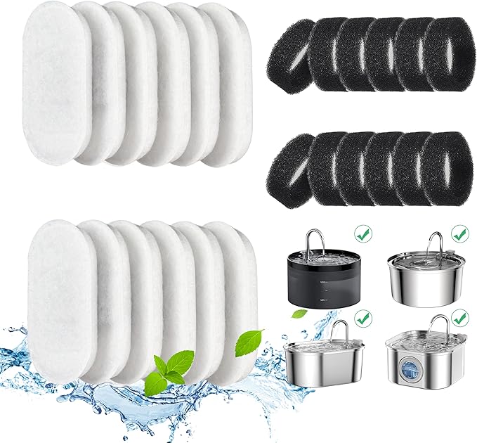 Cat Water Fountain Filters, 24 Pack Cat Fountain Filters, Cat Fountain Replacement Filters for 67oz/2L&108oz/3.2L Stainless Steel Cat Water Fountain, Pet Water Fountain Filters (12 Filters&12 Sponges)