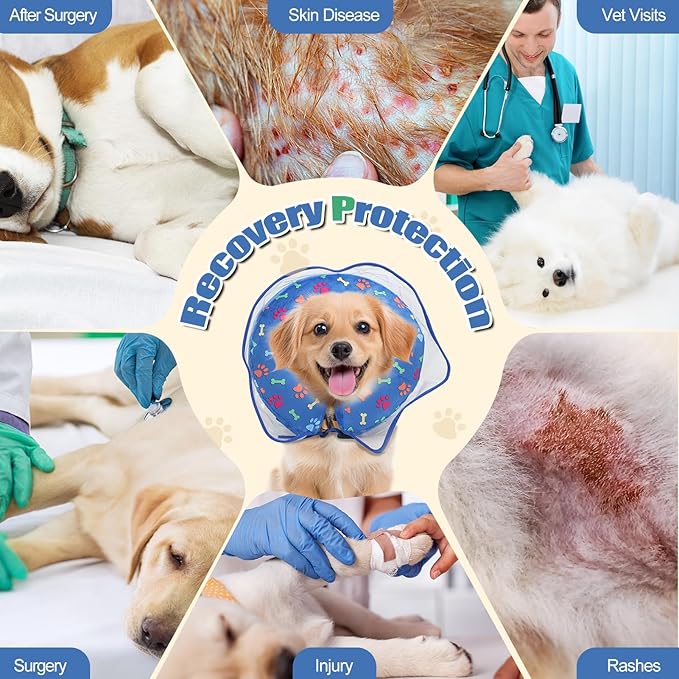 Inflatable Dog Cone Collar, Adjustable Size Soft PVC 2-in-1 Dog Donut Collar After Surgery with Detachable, Inflatable Collar for Small Medium Large Dogs and Cats (Blue, L)