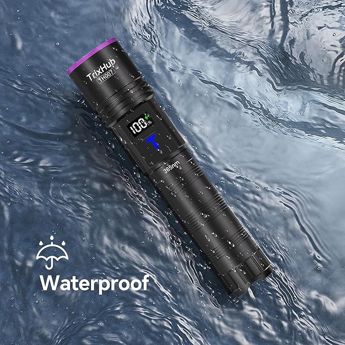 365nm Black Light Flashlight, UV Flashlight Rechargeable with LCD Display, Powerful Ultraviolet Lights for Pet Urine Detection, Resin Curing, Minerals, Blood tracking, Scorpion, Uranium Glass, A/CLeak