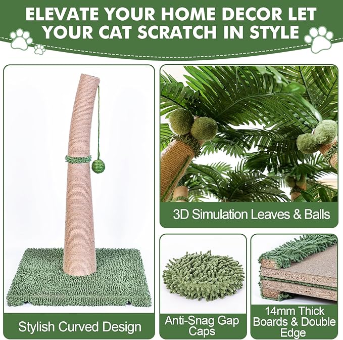 Palm Tree Cat Scratching Post, 36'' Cat Scratcher Post with Natural Sisal Rope, 3 Interactive Balls and Curved Design Scratching Posts for Indoor Cats Adults and Kittens, Multi-Combinable (Style B)