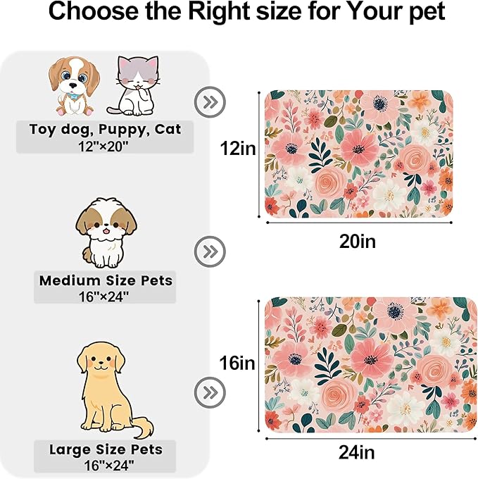 Boho Floral Pet Feeding Mat for Floors-Absorbent Dog Bowl Mat for Food and Water, Quick Dry Pet Cat Feeding Mats with Non Slip Bottom, Mess-Free Dog Accessories 12"x20"