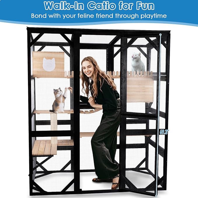 Large Catio Outdoor Cat Enclosure Window 73" H Walk-in Cat House Kitty Cage for Multiple Indoor Outdoor Cats Outside Patio with 5 Access Doors Waterproof Roof