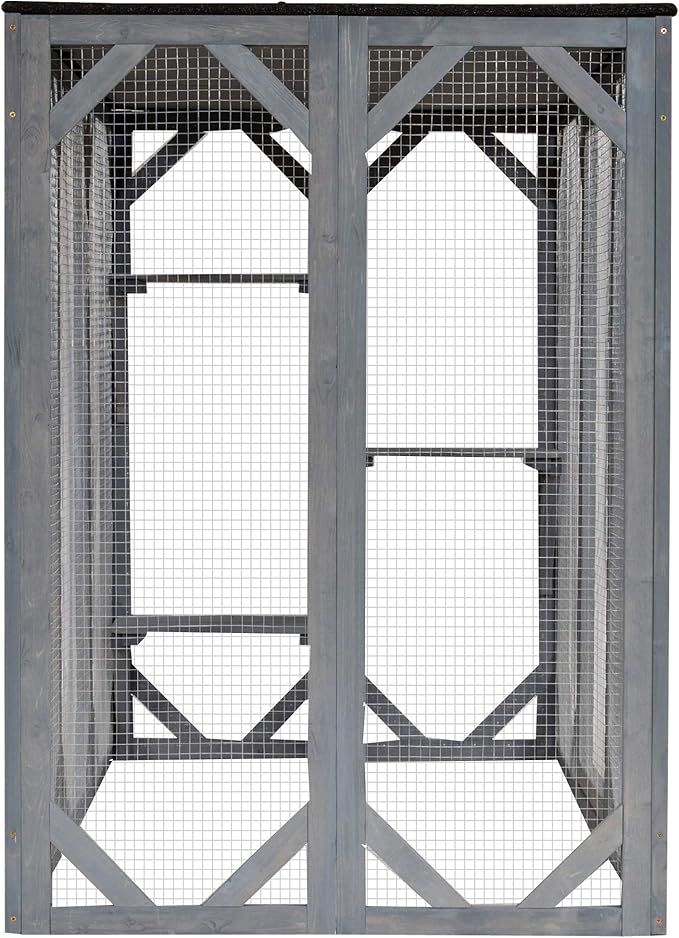 PawHut Outdoor Cat House - Wooden Feral Cat Shelter with Platforms, Large Entrance, Weather Protection Asphalt Roof, 71" L, Gray