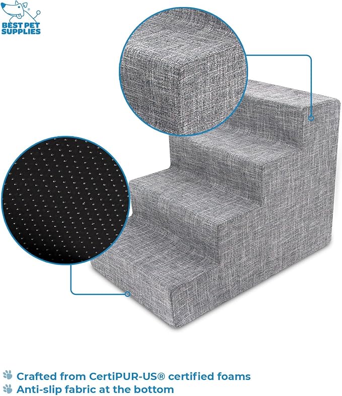 Best Pet Supplies Dog Stairs & Steps - Foam Steps for Small Dogs & Cats, Non-Slip Indoor Balanced Pet Step Support, Dog Ramp, No Assembly, Ash Gray Linen (Vacuum Packed), 4-Step (18-inch Height)