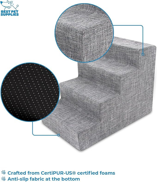 Best Pet Supplies Dog Stairs & Steps - Foam Steps for Small Dogs & Cats, Non-Slip Indoor Balanced Pet Step Support, Dog Ramp, No Assembly, Ash Gray Linen (Vacuum Packed), 4-Step (18-inch Height)
