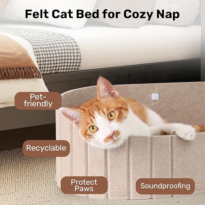 FUKUMARU Cat Beds for Indoor Cats, 24 Inch Large Cat Couch Bed with Cozy Faux Rabbit Fur Cushion, Felt Cats House Sofa in Oval Shape, Grey