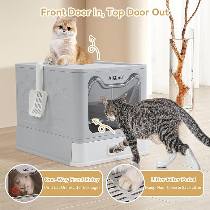 AiQInu Stainless Steel Cat Litter Box wtih Lid and Scoop- Up to 20 LBS, Foldable Large Enclosed Metal Litter Box with High Sided Enclosure for Big Cats - Anti Leakage No Smell, Easy Cleaning