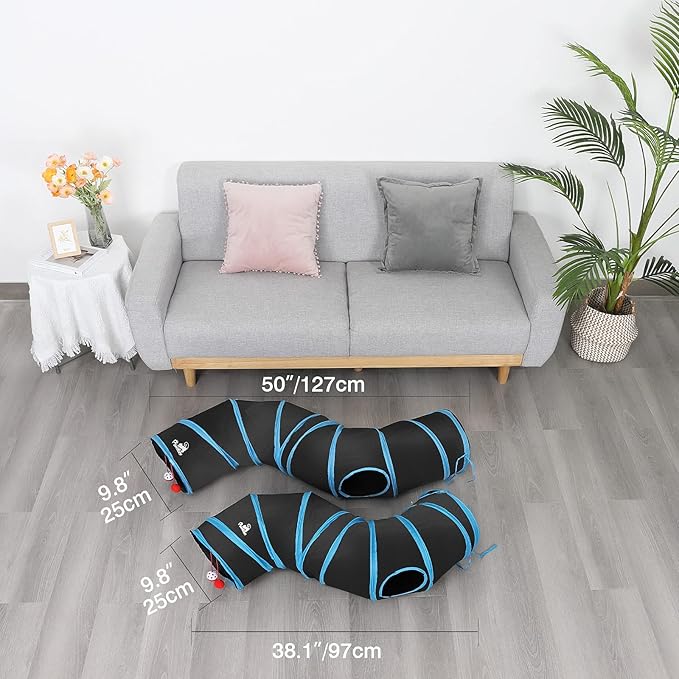 Pawaboo Cat Toys - S-Shaped Tunnels 25x97cm, Extensible Cat Play Tent with Balls and Bells, Interactive Maze House for Kittens and Small Animals, Blue