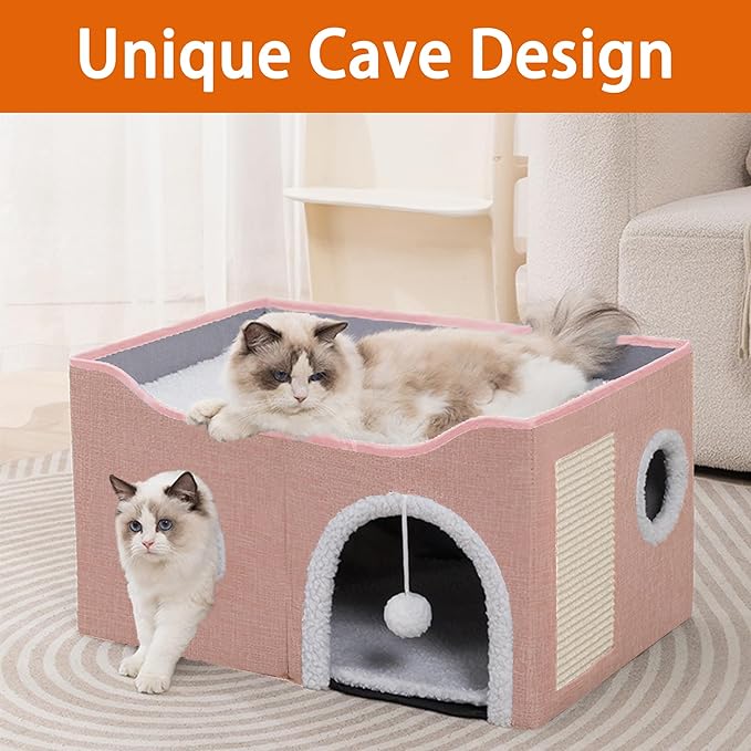 Cat Houses for Indoor Cats - Large Cat Bed Cave with Scratch Pad and Fluffy Ball, Foldable Cat Condo Hideaway with Reversible Cushion for Multi Small Pet, Pink