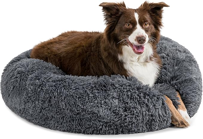 PetAmi Calming Dog Bed for Small Medium Dogs and Cats, Round Donut Washable, Fluffy Faux Fur Plush Cuddler Pet Kitten Cushion, Anti-Slip, Fits up to 45 lbs, 30 inch, Dark Gray