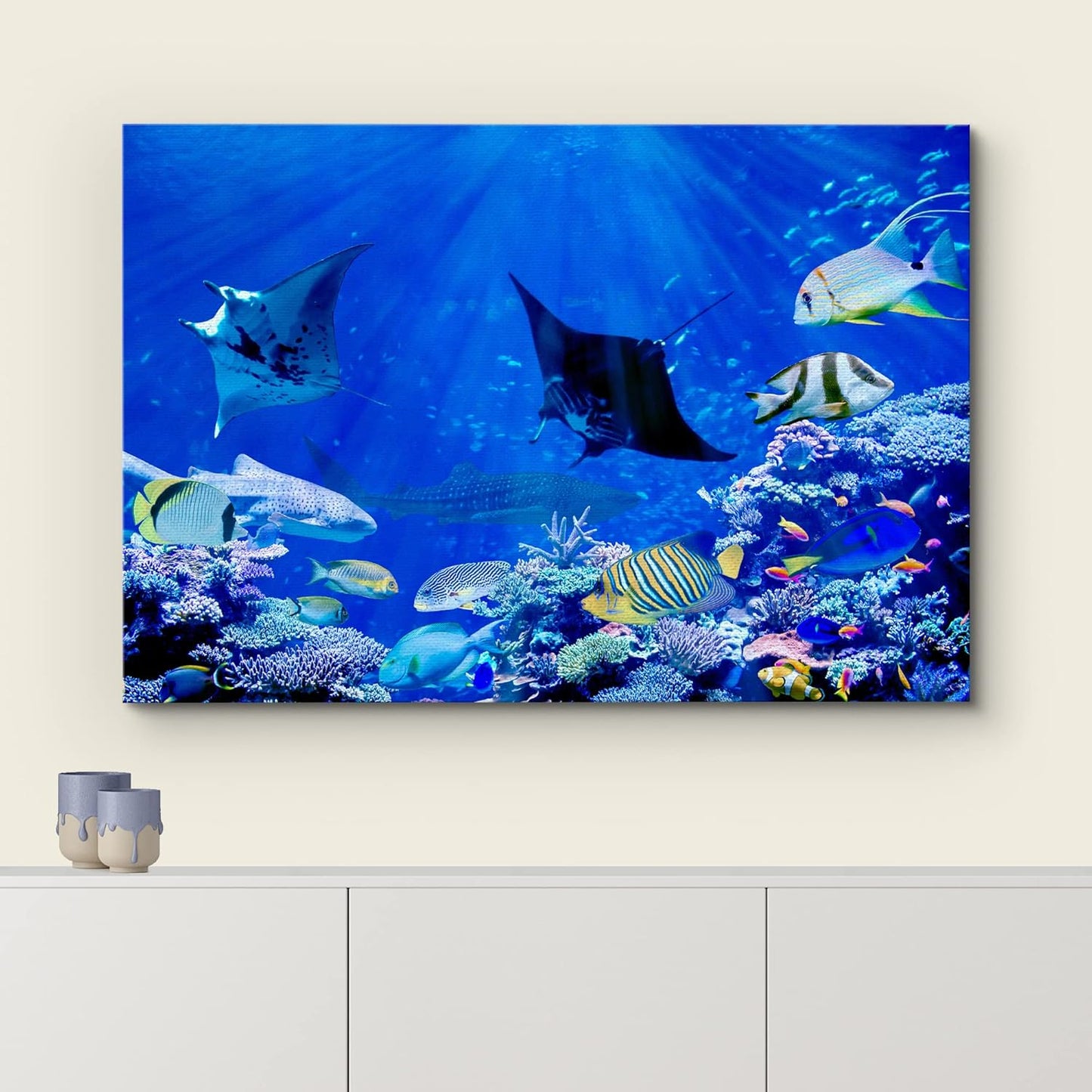 wall26 Canvas Print Wall Art Vibrant Sunlight Ray Ocean Shark Fish Reef Nature Animals Photography Realism Rustic Scenic Landscape Wilderness Earth for Living Room, Bedroom, Office - 16"x24"