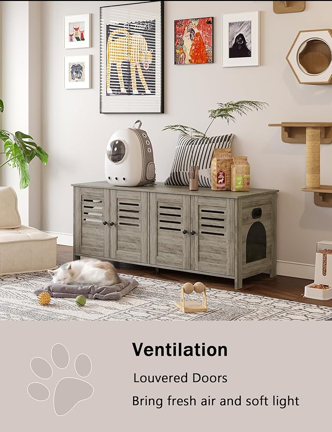 DINZI LVJ Litter Box Enclosure for 2 Cats, Hidden Litter Box Furniture with Double Rooms, Dual Cat Litter House, Front Doors, 47.2" Wooden Hidden Cat Washroom, Side End Table, TV Stand, Gray Wash