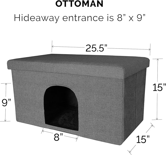 Furhaven Pet House for Indoor Cats & Medium/Small Dogs, Collapsible & Foldable w/ Plush Ball Toy - Living Room Ottoman Cat Condo - Stormy Gray, Large