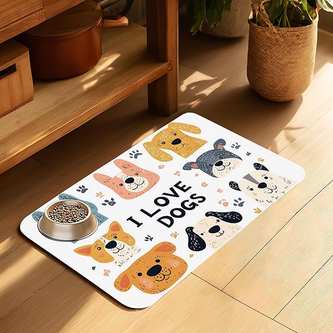 Cute Dogs Pet Cat Dog Food Mat-Absorbent Quick Dry Feeding Placemat for Water and Food, No Stains Rubber Base Mat for Indoor Use, Pet Accessories 12"x20"