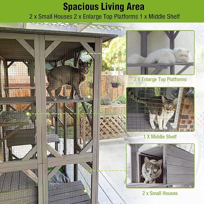Gutinneen Catio Large Cat House Outdoor Walk in Outdoor Cat Enclosure Indoor Cage Kitty Condo Playpen with Door, Platform & Small House - 71"