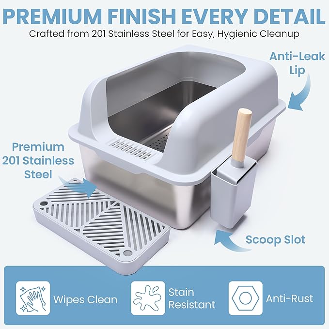 XL Stainless Steel Sifting Litter Box-23"x15"x13" – Cat Litter Box, Multi-Cat, Large Cats, High Side/Anti-Urine Leakage Shell (Easy Shell) Easy to Clean, Odor Control.