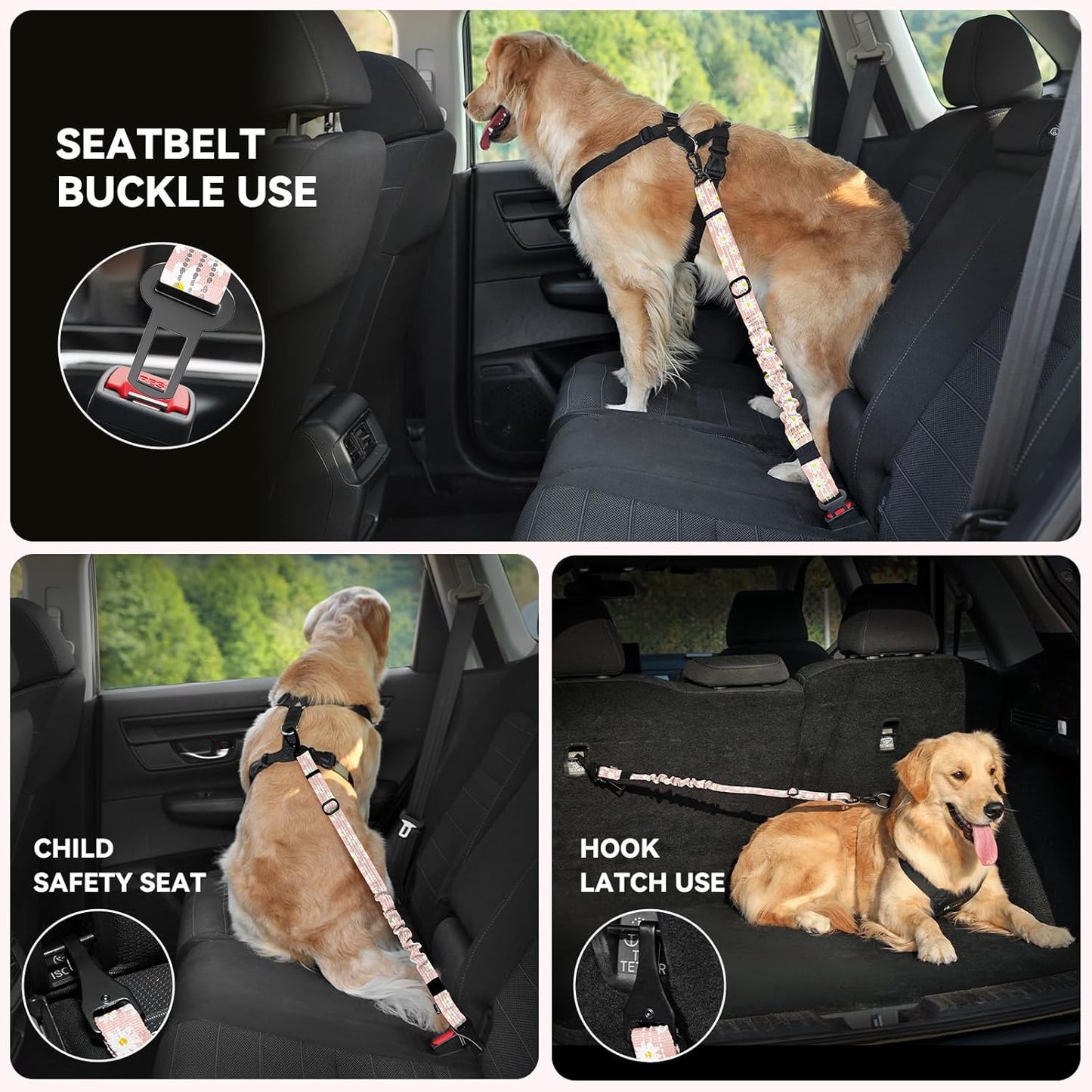 Pawaboo 2Pack Dog Seatbelt for Car, 3-in-1 Dog Car Seat Belt Bungee, Dogs Tether for Cars with Buckle & Hook Latch, Adjustable Reflective Dogs Cars Harness Leash with 360° Lockable Buckle, Light Pink
