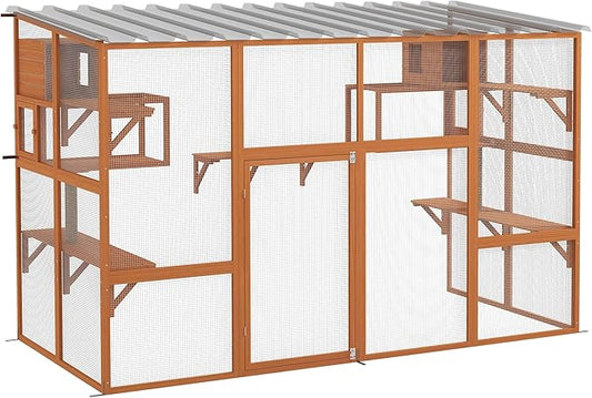 PawHut Catio, Outdoor Cat Enclosure Window Box, Wooden Cat House Playground with Scratching Posts, Weather Protection Roof for 1-5 Kitties, Resting Boxes, 118" x 55" x 75.5", Orange