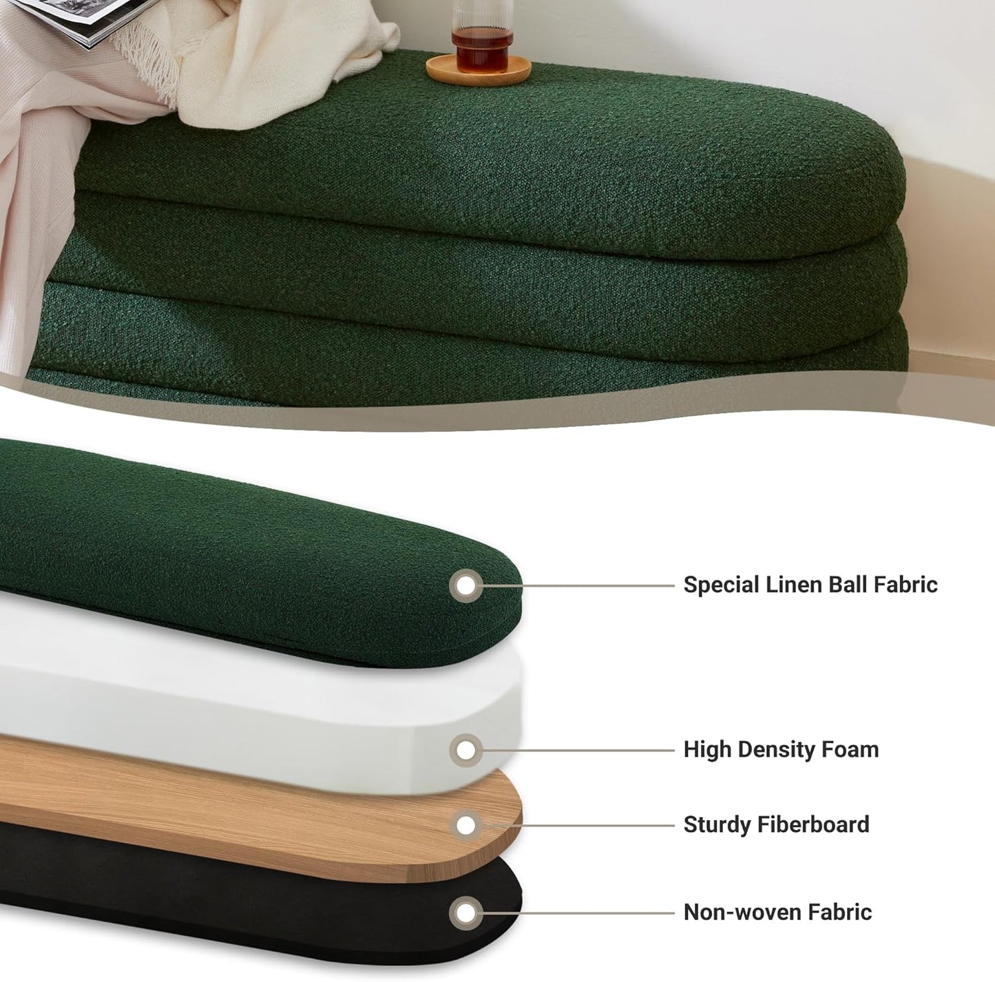 Storage Ottoman Bench 49.2 Inch Upholstered Fabric Storage Bench for Bedroom End of Bed Aesthetic Large Oval Ottoman for Living Room(Dark Green)